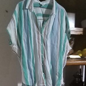 Time and Tru Striped Button-Up Blouse - Green and White